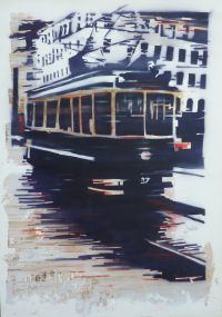 Old tram Stockholm gold leaf and air brush acrylic on board.