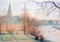 Salisbury Cathedral in the Morning Mist, Water Colour Pencils & Pastels on water colour paper, Sold at PUG 01 Gallery.