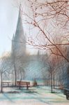 Salisbury Cathedral in the Morning Mist, Water Colour Pencils & Pastels on water colour paper