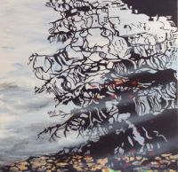 Stowerhead lake the tree in water reflection with leafs, painted with acyclic and gold leaf.